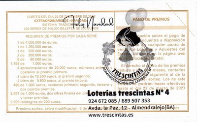 Reverso del d&eacute;cimo 98071 con el sello de la Administraci&oacute;n n&ordm; 4 &laquo;Trescintas&raquo;, en Almendralejo